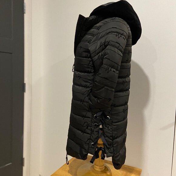 Desigual Womens Long Black Hooded Puffer Jacket Size 36 With Side Lace Details - Picture 7 of 16
